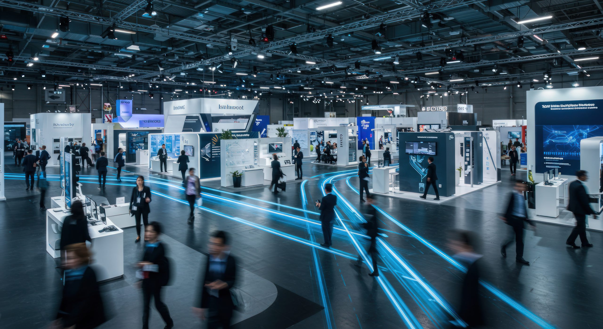 This photograph captures a bustling trade show or exhibition hall filled with attendees and various product display booths. The visual style is clean and modern, with a focus on cool tones and diffused lighting to illuminate the scene evenly. The composition emphasizes the scale of the event, showcasing the large number of people interacting with the displays. The image is suitable for illustrating themes related to technology, innovation, business networking, and consumerism in editorial or commercial contexts.